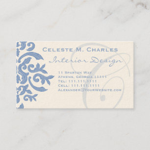 Elegant Blue och Cream Damask Brev C Visitkort
