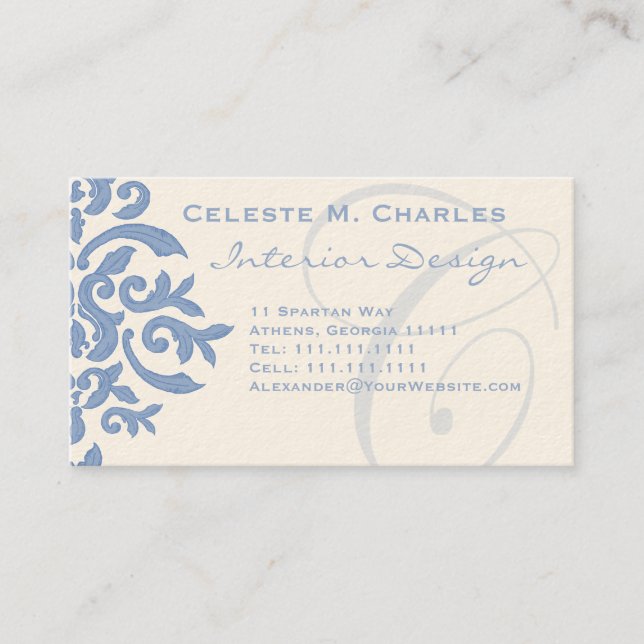 Elegant Blue och Cream Damask Brev C Visitkort (Framsida)