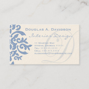 Elegant Blue och Cream Damask Brev D Visitkort