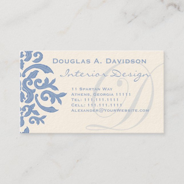 Elegant Blue och Cream Damask Brev D Visitkort (Framsida)