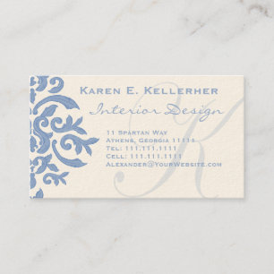 Elegant Blue och Cream Damask Brev E Visitkort