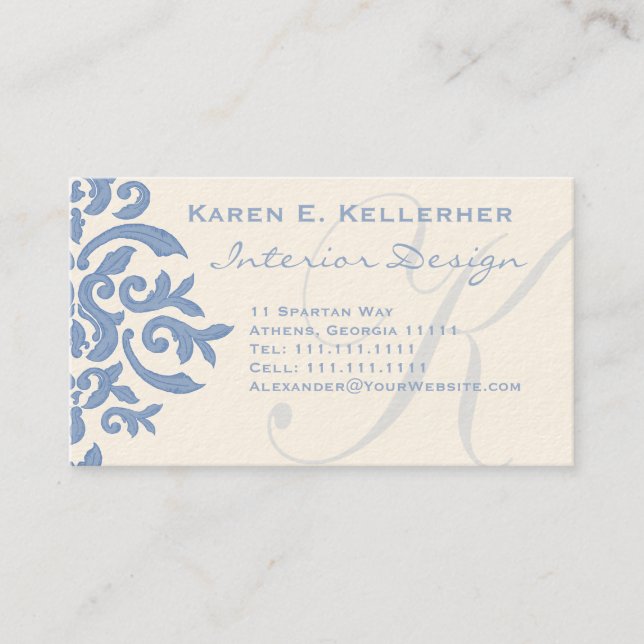 Elegant Blue och Cream Damask Brev E Visitkort (Framsida)