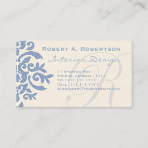 Elegant Blue och Cream Damask Brev R Visitkort