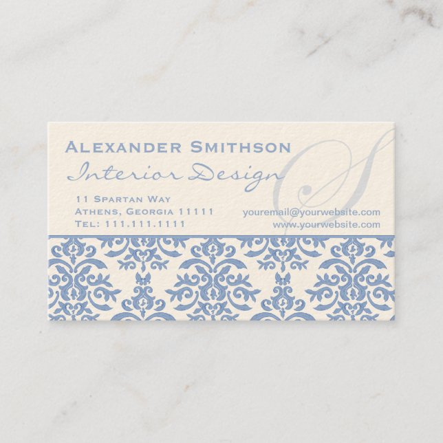 Elegant Blue och Cream Damask Brev S Visitkort (Framsida)