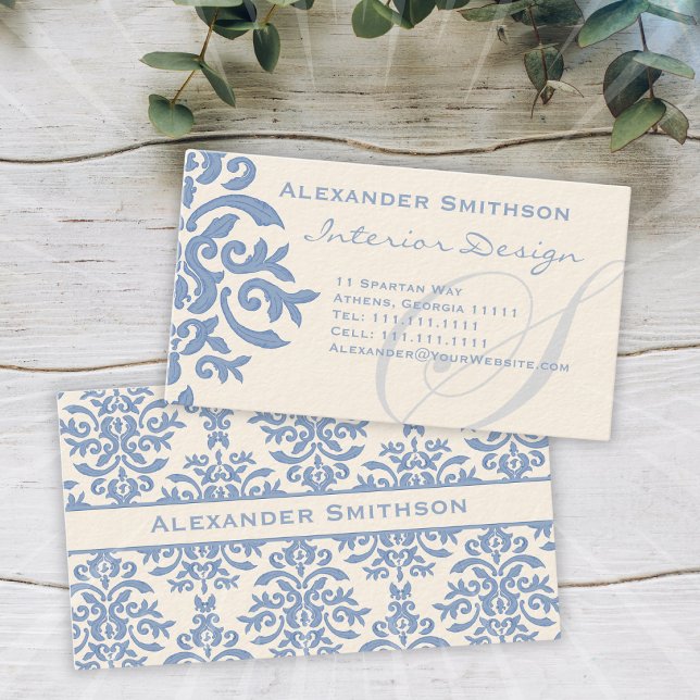 Elegant Blue och Cream Damask Brev S Visitkort (Skapare uppladdad)