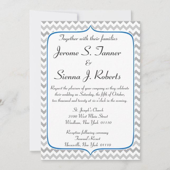 Elegant Blue och Grått Chevron Wedding bjudande Inbjudningar (Framsida)