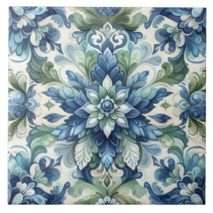 Elegant Blue och Grönt Blommigt Ornament Flourish Kakelplatta