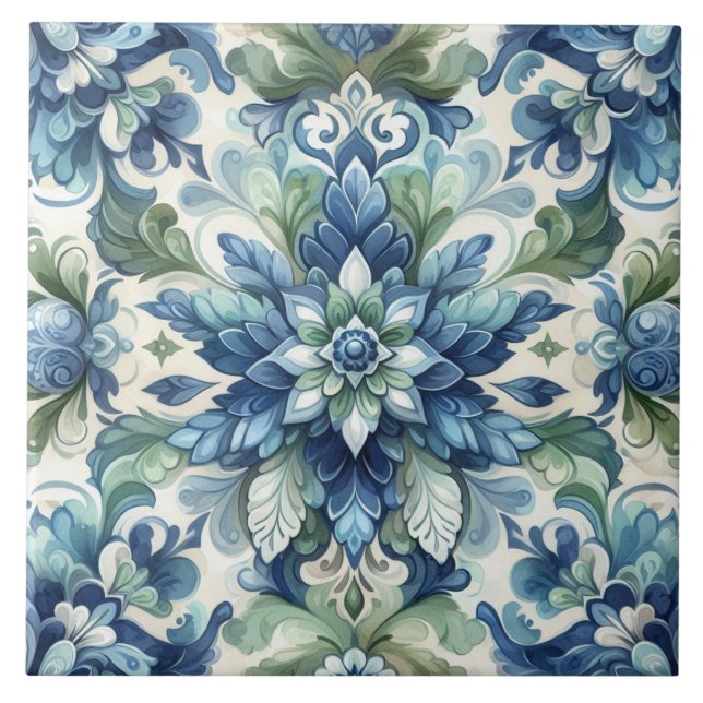 Elegant Blue och Grönt Blommigt Ornament Flourish Kakelplatta (Framsidan)