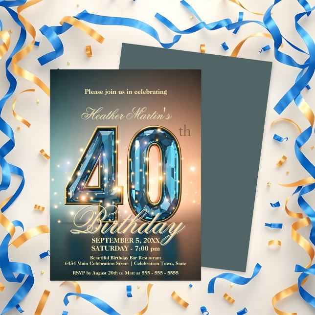 Elegant Blue och Guld 40:e födelsedagen Firande Inbjudningar (Skapare uppladdad)