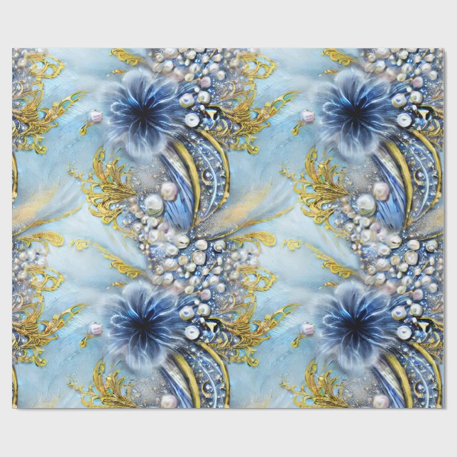 Elegant Blue- och Guld-Blommigt Beaded Presentpapper (Platt)