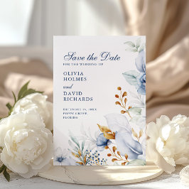 Elegant Blue och Guld Blommigt Bröllop spara datum Datumet