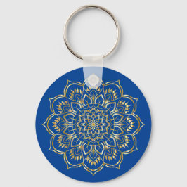 Elegant Blue och Guld Blommigt Mandala Mönster Nyckelring