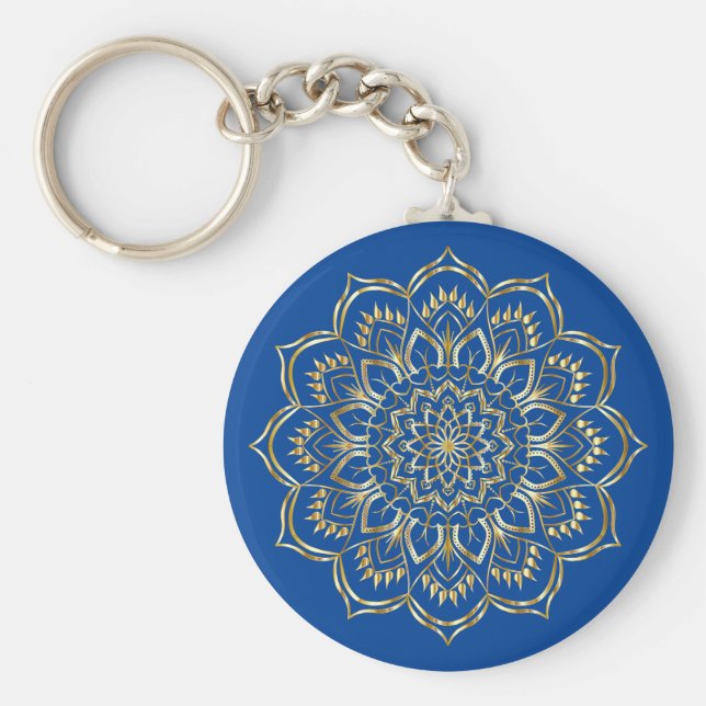 Elegant Blue och Guld Blommigt Mandala Mönster Nyckelring (Framsidan)