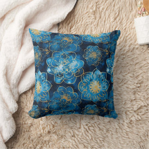 Elegant Blue och Guld Blommigt - Snyggt Botaniskt Kudde