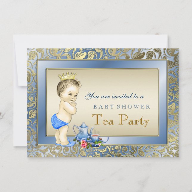 Elegant Blue och Guld Boys Tea Party Baby Shower Inbjudningar (Framsida)
