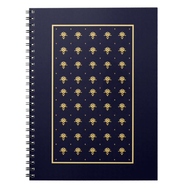 Elegant Blue och Guld Damask Anteckningsbok Med Spiral (Framsidan)