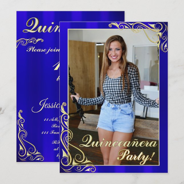 Elegant Blue och Guld Din fotoquinceañera Inbjudningar (Fram/baksida)