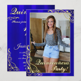 Elegant Blue och Guld Din fotoquinceañera Inbjudningar