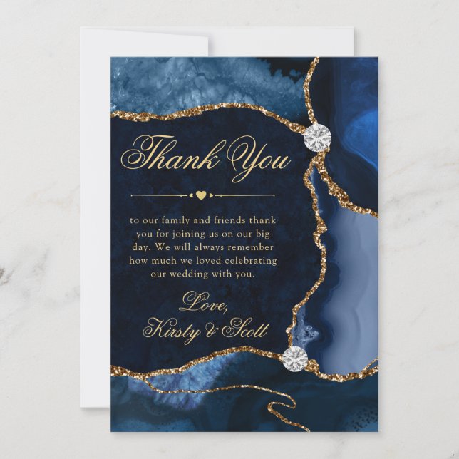 Elegant Blue och Guld Glitter Agate Bröllop Tack Kort (Framsida)