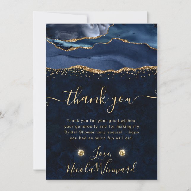 Elegant Blue och Guld Glitter Agate Möhippa Tack Kort (Framsida)