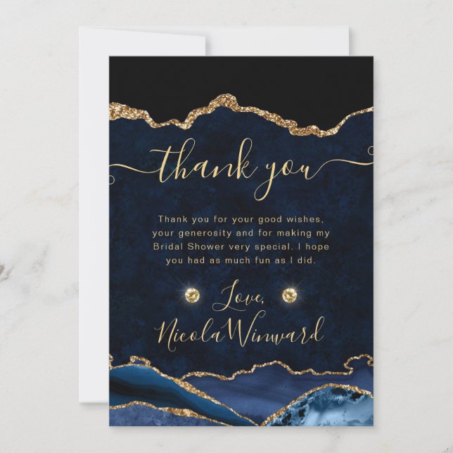 Elegant Blue och Guld Glitter Agate Möhippa Tack Kort (Framsida)