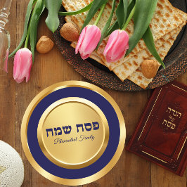 Elegant Blue och Guld Hebrew Pesach Passover Runt Klistermärke