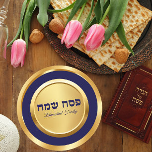 Elegant Blue och Guld Hebrew Pesach Passover Runt Klistermärke