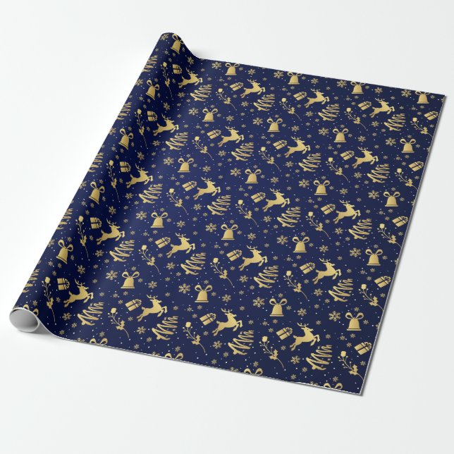 Elegant Blue och Guld julklapp Mönster Presentpapper (Utrullad)