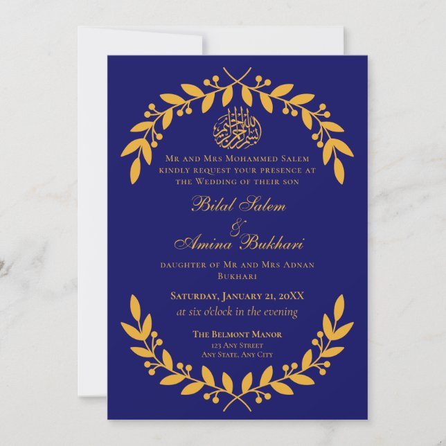 Elegant Blue och Guld Löv Islamiska Bröllop Inbjudningar (Framsida)