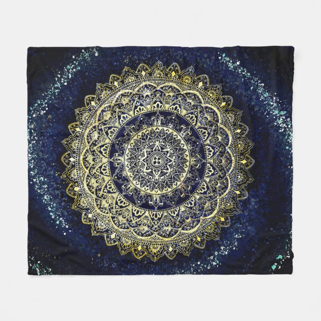 Elegant Blue och Guld Mandala Art Boho Beach Fleecefilt (Framsidan (Horisontell))