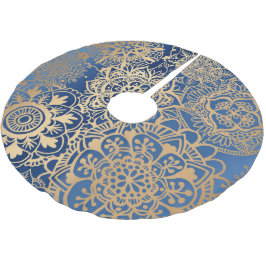Elegant Blue och Guld Mandala Mönster Julgransmatta Borstad Polyester