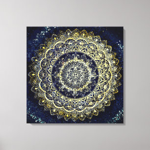 Elegant Blue och Guld Mandala Yoga Studio Painting Canvastryck