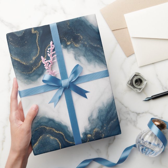 Elegant Blue och Guld Marble Luxury Wrapping Pappe Presentpapper (Gåvor)