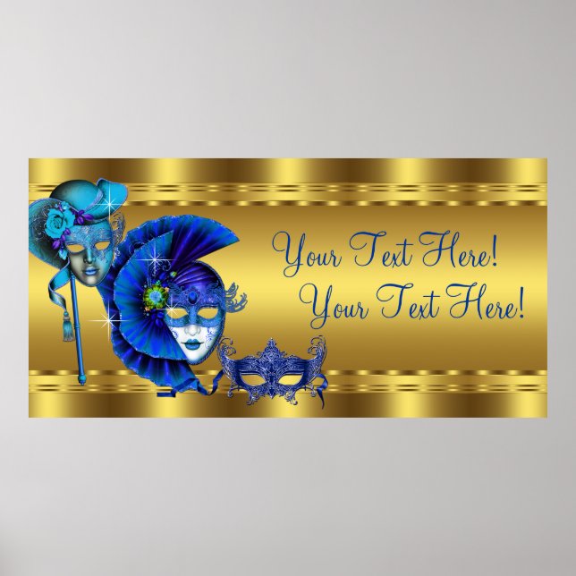 Elegant Blue och Guld Masqueraad Party banderoll Poster (Framsidan)
