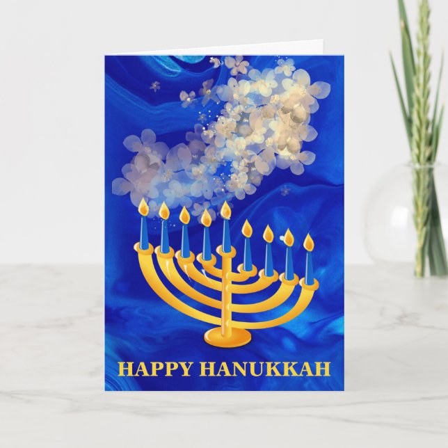 Elegant Blue och Guld Menorah Lycklig Hanukkah Helgkort (Framsida)