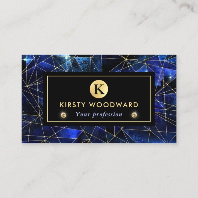 Elegant Blue och Guld Midnight Crystal Galaxy Visitkort (Framsida)