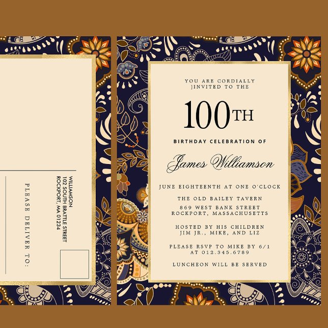Elegant Blue och Guld Mönster 100:e födelsedagen Inbjudan Vykort (Skapare uppladdad)