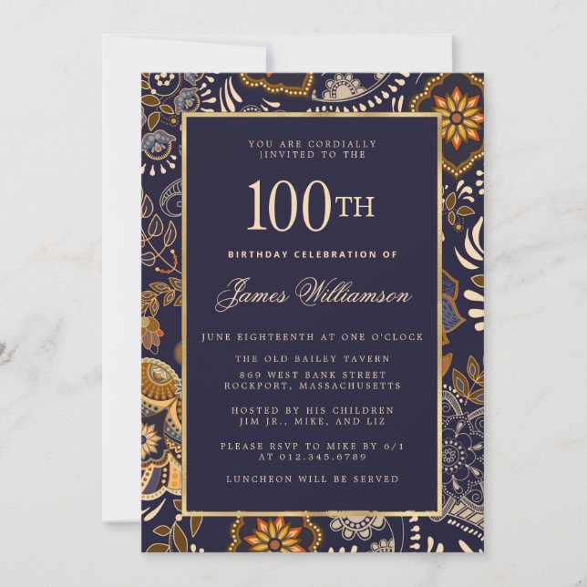 Elegant Blue och Guld Mönster 100:e födelsedagen Inbjudningar (Framsida)