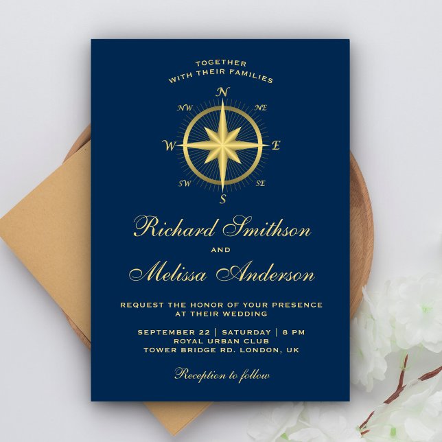Elegant Blue och Guld Nautisk Compass Bröllop Inbjudningar (Skapare uppladdad)