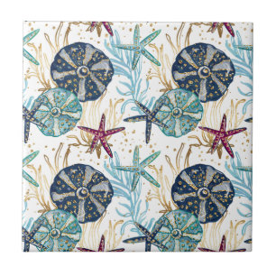 Elegant Blue och Guld Ocean Treasures Mönster Kakelplatta