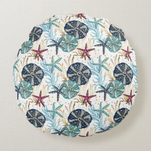 Elegant Blue och Guld Ocean Treasures Mönster Rund Kudde
