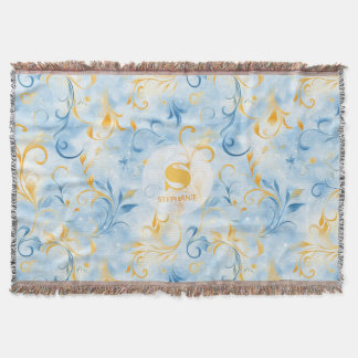 Elegant Blue och Guld Paisley-Inspired Löv Filt