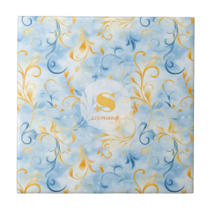 Elegant Blue och Guld Paisley-Inspired Löv Kakelplatta