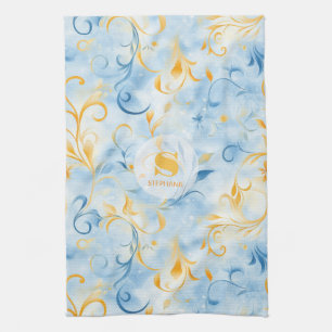 Elegant Blue och Guld Paisley-Inspired Löv Kökshandduk