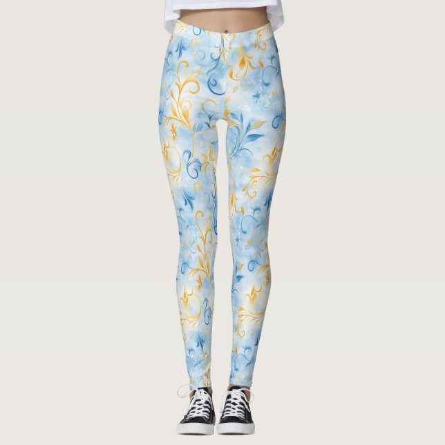 Elegant Blue och Guld Paisley-Inspired Löv Leggings (Framsida)