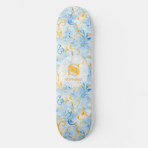 Elegant Blue och Guld Paisley-Inspired Löv Mini Skateboard Bräda 18,5 Cm