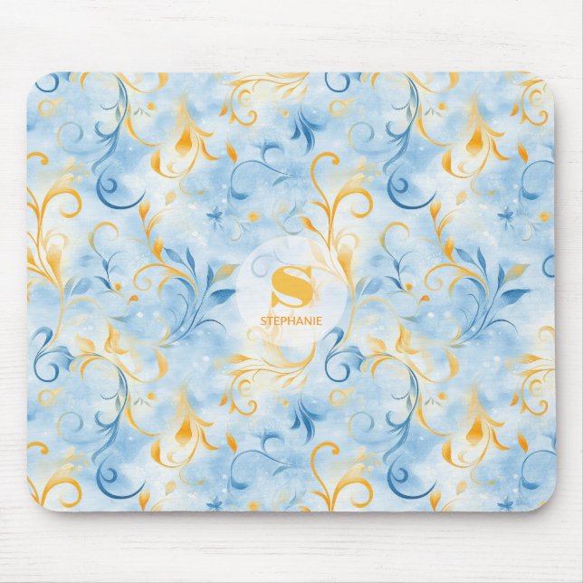 Elegant Blue och Guld Paisley-Inspired Löv Musmatta (Framsidan)