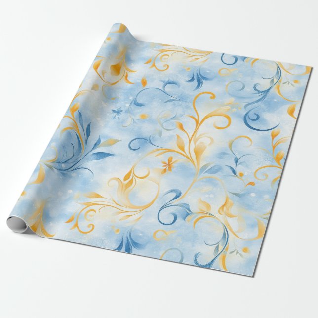 Elegant Blue och Guld Paisley-Inspired Löv Presentpapper (Utrullad)