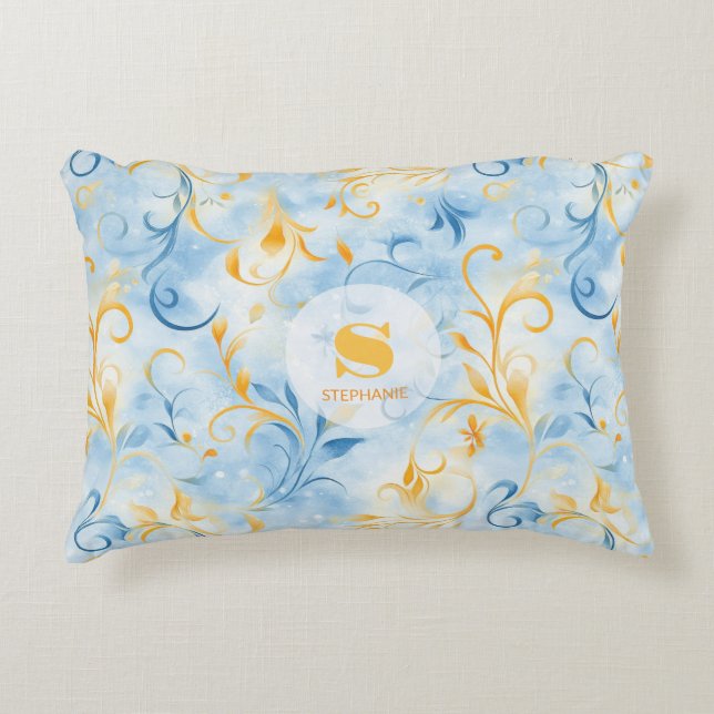 Elegant Blue och Guld Paisley-Inspired Löv Prydnadskudde (Framsidan)