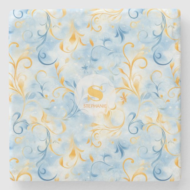 Elegant Blue och Guld Paisley-Inspired Löv Stenunderlägg (Framsidan)